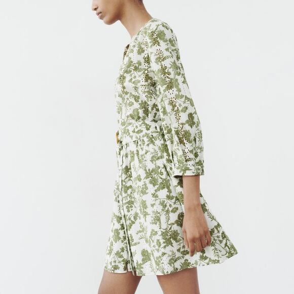 Zara V-neck Embroidered Eyelet Belted Mini Dress in White Green Floral - Picture 4 of 16